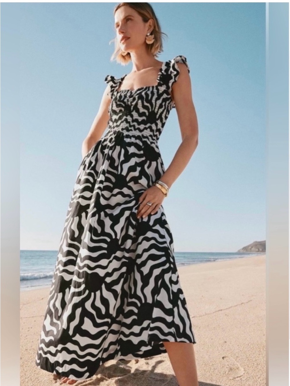 LOFT Black and White Zebra-Print Smocked Midi Dress